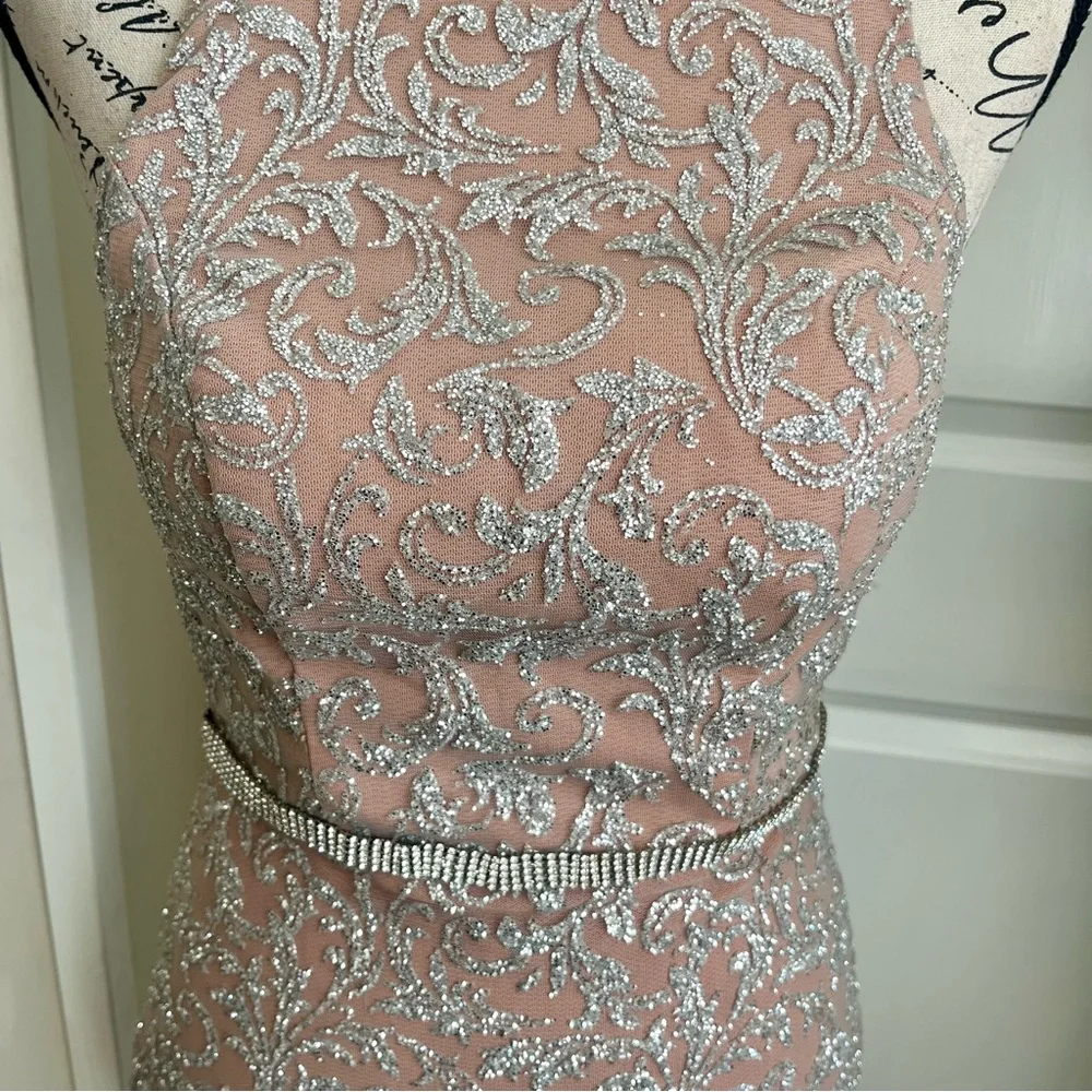 Portia & Scarlett Embellished High-Neck Halter Mermaid Gown Pink Silver Sz S - Picture 5 of 16